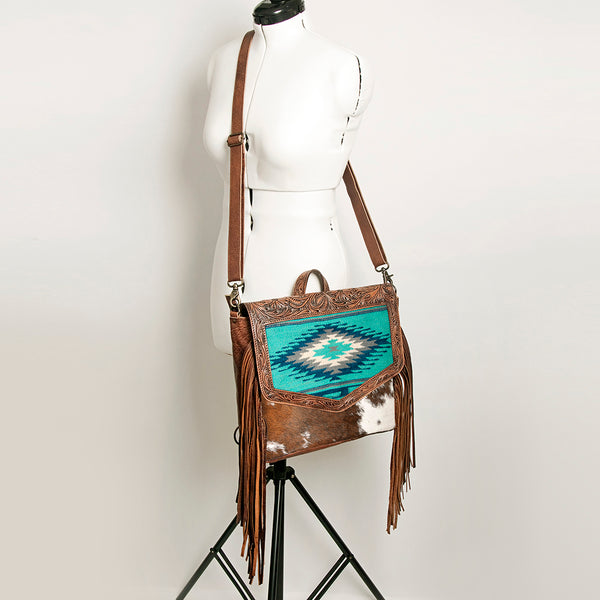 ADBG852 American Darling Hand Tooled Floral Leather & Saddle Blanket Messenger Bag with Fringes