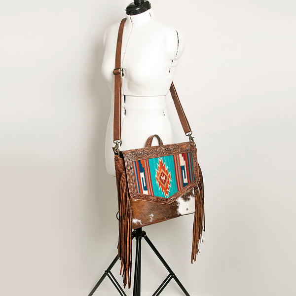 ADBG852 American Darling Hand Tooled Floral Leather & Saddle Blanket Messenger Bag with Fringes