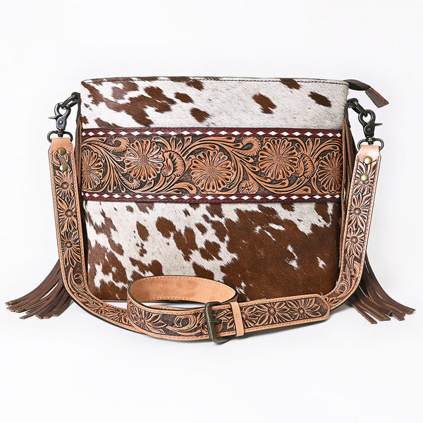 ADBG854 American Darling Hand Tooled Floral Leather & Hair-On Cowhide Small Cross body Bag with Fringes