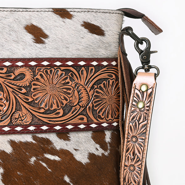 ADBG854 American Darling Hand Tooled Floral Leather & Hair-On Cowhide Small Cross body Bag with Fringes