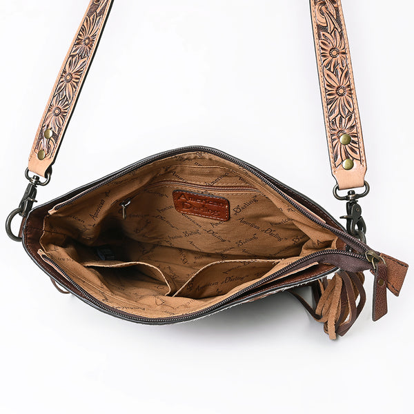 ADBG854 American Darling Hand Tooled Floral Leather & Hair-On Cowhide Small Cross body Bag with Fringes