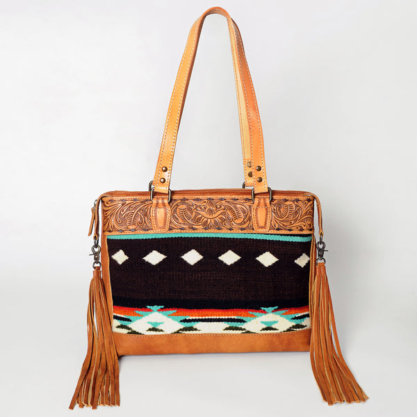 ADBG855 American Darling Hand Tooled Floral & Hand Woven Saddle Blanket Western Leather Tote Bag