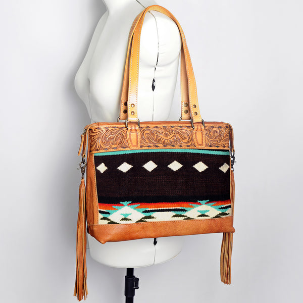 ADBG855 American Darling Hand Tooled Floral & Hand Woven Saddle Blanket Western Leather Tote Bag
