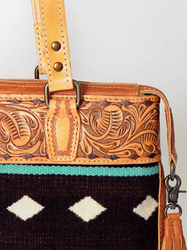ADBG855 American Darling Hand Tooled Floral & Hand Woven Saddle Blanket Western Leather Tote Bag