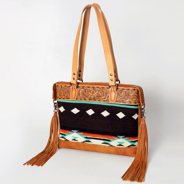 ADBG855 American Darling Hand Tooled Floral & Hand Woven Saddle Blanket Western Leather Tote Bag