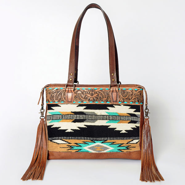 ADBG855 American Darling Hand Tooled Floral & Hand Woven Saddle Blanket Western Leather Tote Bag