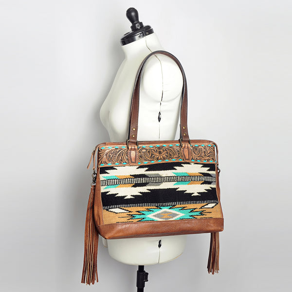 ADBG855 American Darling Hand Tooled Floral & Hand Woven Saddle Blanket Western Leather Tote Bag
