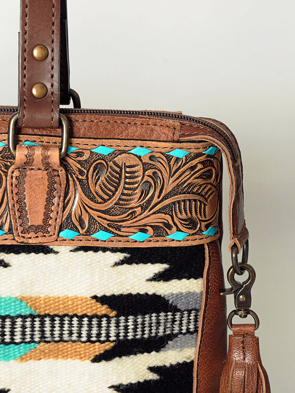 ADBG855 American Darling Hand Tooled Floral & Hand Woven Saddle Blanket Western Leather Tote Bag