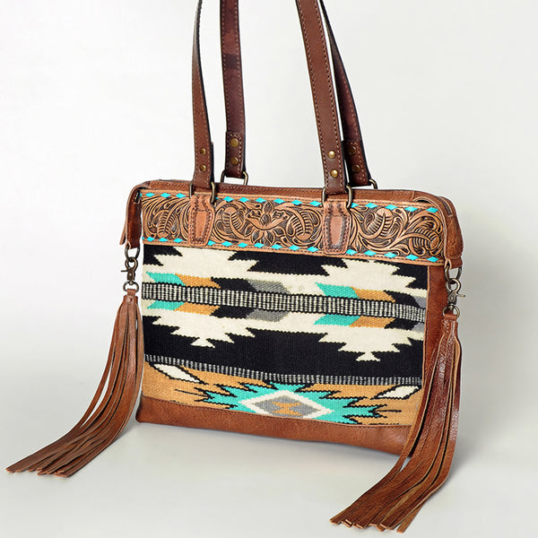 ADBG855 American Darling Hand Tooled Floral & Hand Woven Saddle Blanket Western Leather Tote Bag
