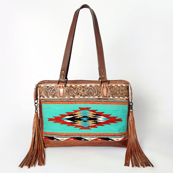 ADBG855 American Darling Hand Tooled Floral & Hand Woven Saddle Blanket Western Leather Tote Bag