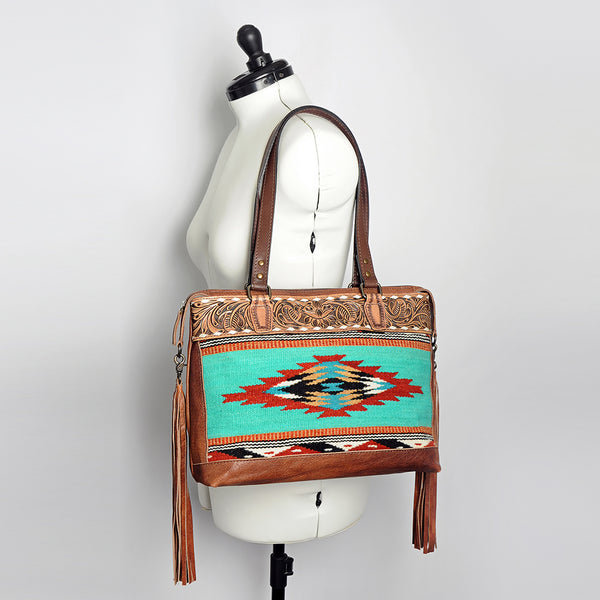 ADBG855 American Darling Hand Tooled Floral & Hand Woven Saddle Blanket Western Leather Tote Bag