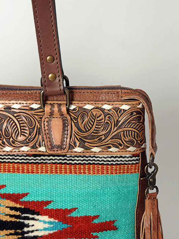 ADBG855 American Darling Hand Tooled Floral & Hand Woven Saddle Blanket Western Leather Tote Bag