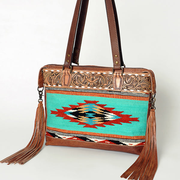 ADBG855 American Darling Hand Tooled Floral & Hand Woven Saddle Blanket Western Leather Tote Bag