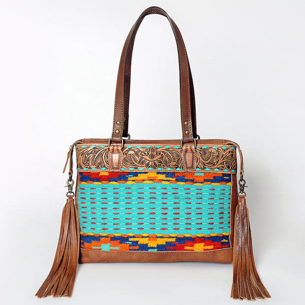 ADBG855 American Darling Hand Tooled Floral & Hand Woven Saddle Blanket Western Leather Tote Bag