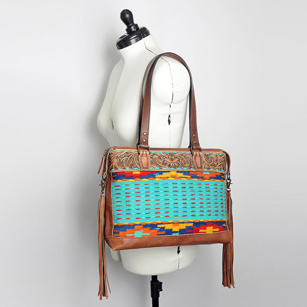 ADBG855 American Darling Hand Tooled Floral & Hand Woven Saddle Blanket Western Leather Tote Bag