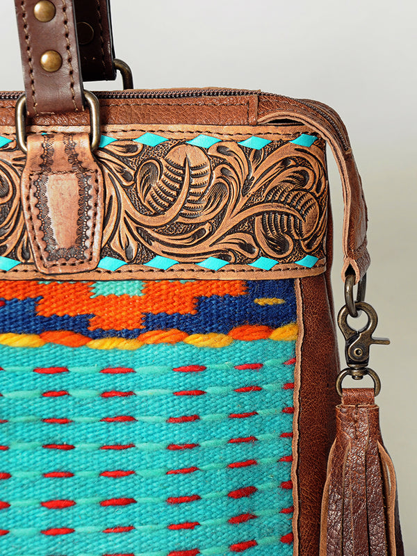 ADBG855 American Darling Hand Tooled Floral & Hand Woven Saddle Blanket Western Leather Tote Bag
