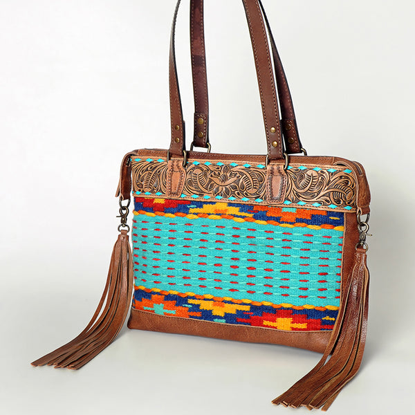 ADBG855 American Darling Hand Tooled Floral & Hand Woven Saddle Blanket Western Leather Tote Bag