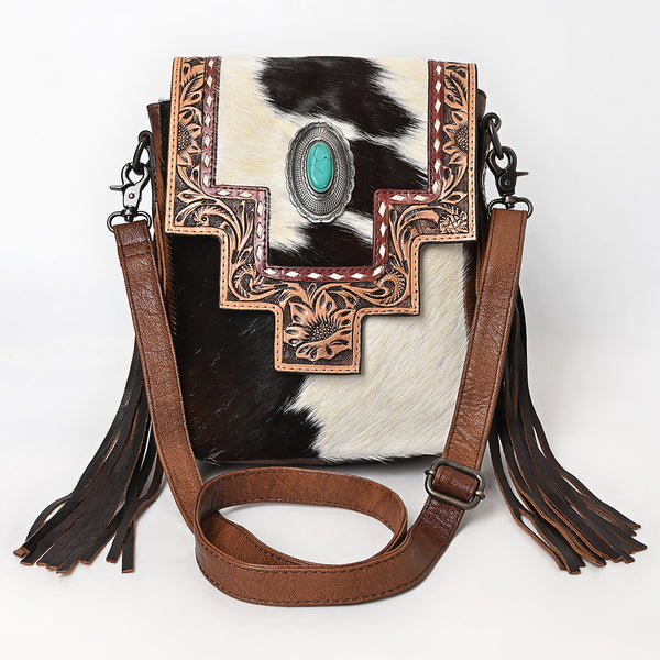 ADBG856 American Darling Hand Tooled Floral & Hair-On Cowhide Messenger Bag with Fringes