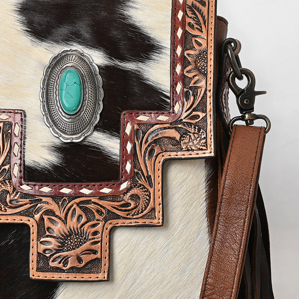 ADBG856 American Darling Hand Tooled Floral & Hair-On Cowhide Messenger Bag with Fringes