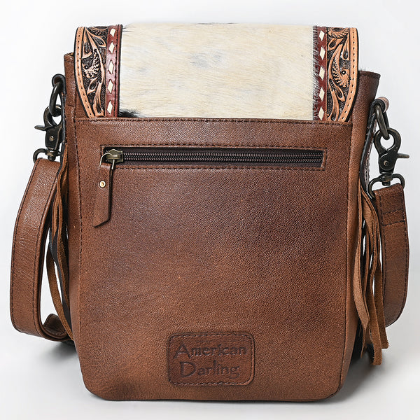 ADBG856 American Darling Hand Tooled Floral & Hair-On Cowhide Messenger Bag with Fringes