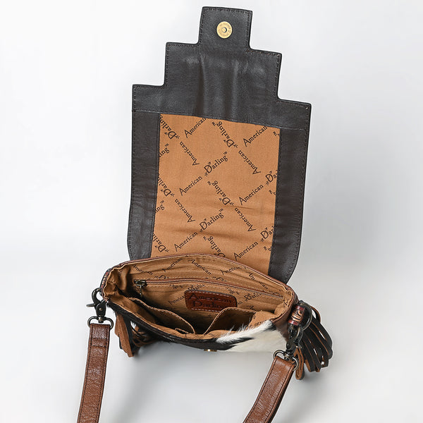 ADBG856 American Darling Hand Tooled Floral & Hair-On Cowhide Messenger Bag with Fringes