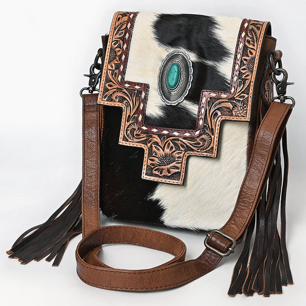 ADBG856 American Darling Hand Tooled Floral & Hair-On Cowhide Messenger Bag with Fringes