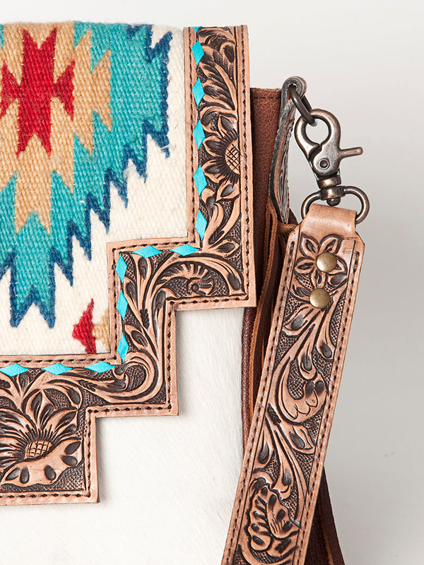 ADBG856 American Darling Hand Tooled Floral & Cowhide Messenger Bag with Saddle Blanket