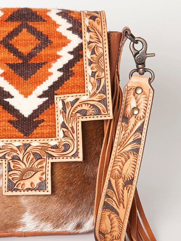 ADBG856 American Darling Hand Tooled Floral & Cowhide Messenger Bag with Saddle Blanket