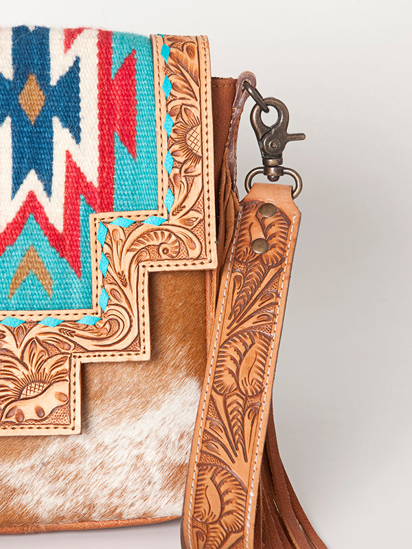ADBG856 American Darling Hand Tooled Floral & Cowhide Messenger Bag with Saddle Blanket