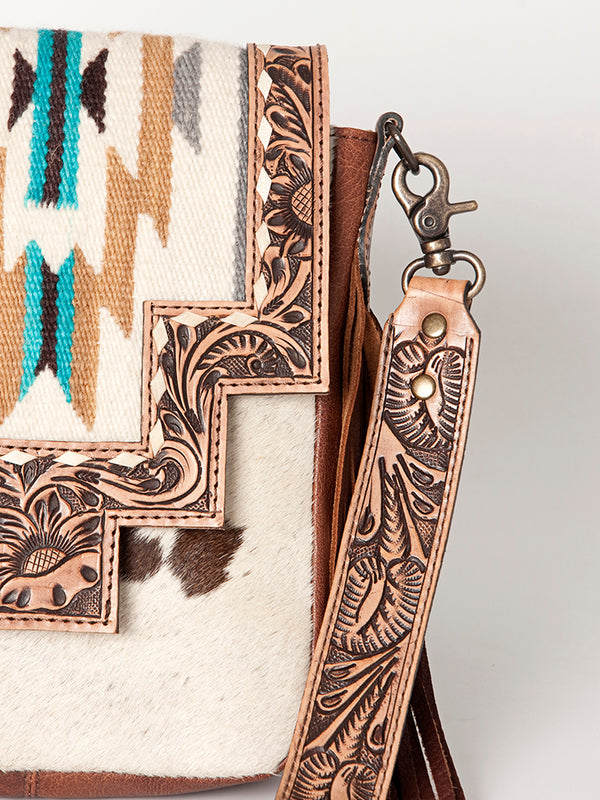 ADBG856 American Darling Hand Tooled Floral & Cowhide Messenger Bag with Saddle Blanket