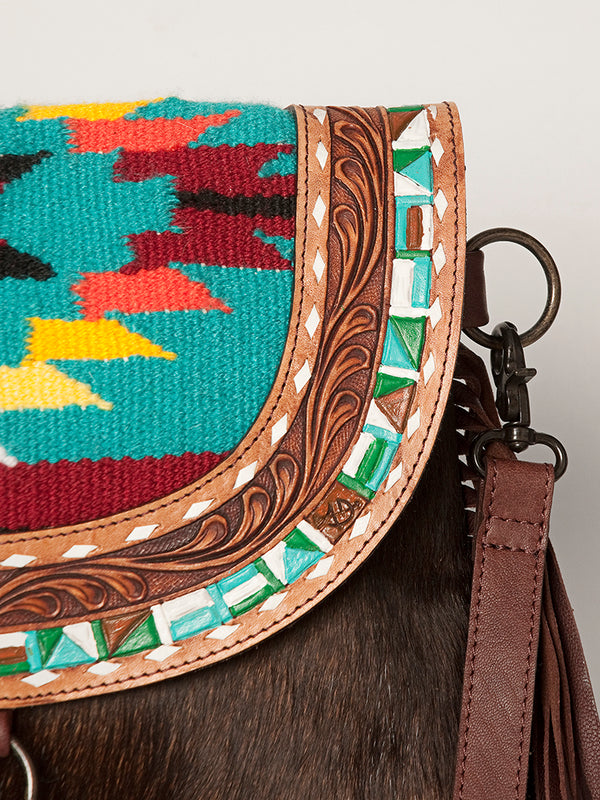 LC-ADBGZ616A Western Cowhide Messenger Bag with Tooled Leather & Beaded Tribal Flap