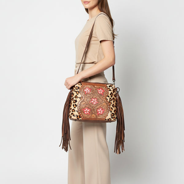 LC-ADBGZ621 Leopard Print Cowhide Small Crossbody Bag with Tooled Leather & Pink Floral Inlay