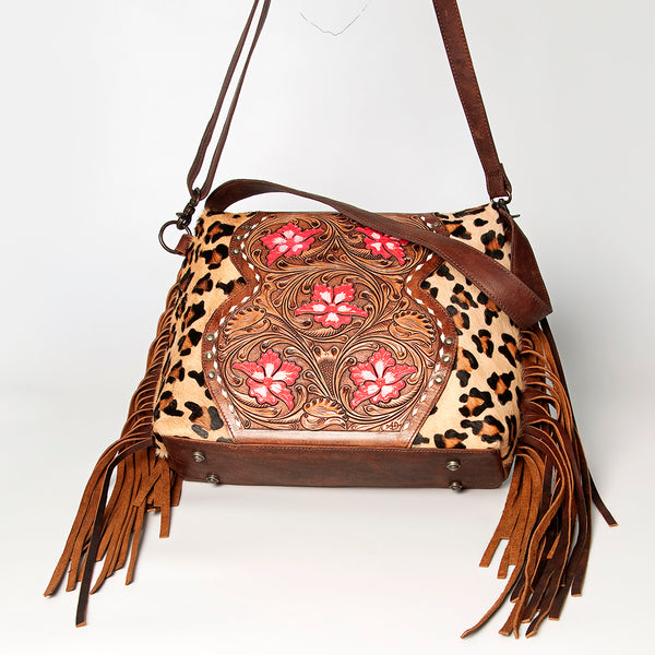 LC-ADBGZ621 Leopard Print Cowhide Small Crossbody Bag with Tooled Leather & Pink Floral Inlay