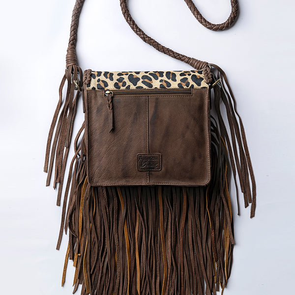 ADBGM250 Leopard Print Hair-On Leather Crossbody - Turquoise Concho & Fringe Western Bag
