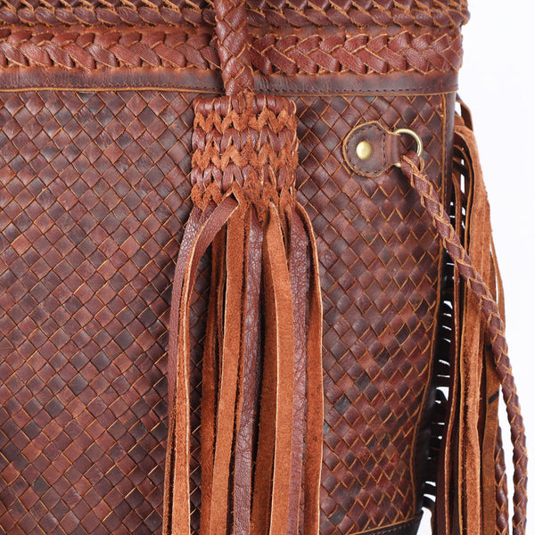 ADBGM251 Woven Leather Fringe Tote Bag - Western Braided Handle Shoulder Purse