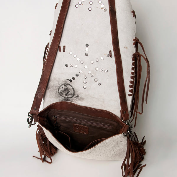 ADBGM253 Cowhide Leather Fringe Messenger Bag - Turquoise Concho & Studded Western Messenger