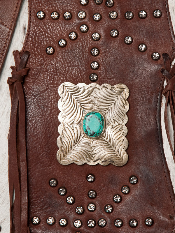 ADBGM253 Cowhide Leather Fringe Messenger Bag - Turquoise Concho & Studded Western Messenger