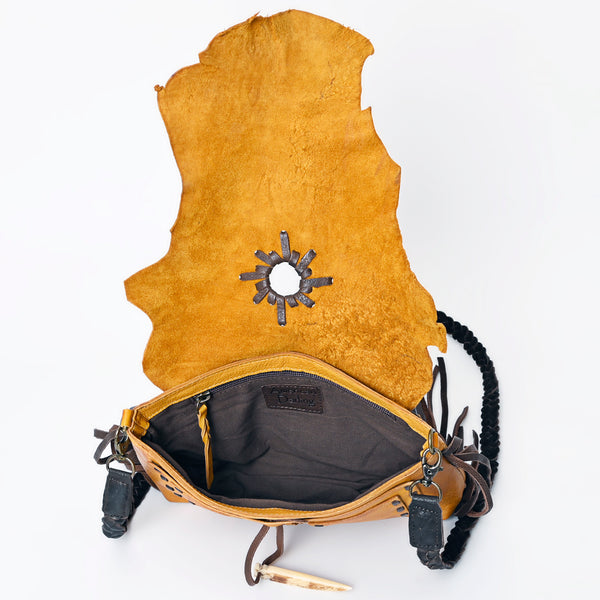 LC-ADBGM254 Raw-Edge Leather Western Crossbody Bag - Fringe Saddle Purse with Horn Toggle & Braided Strap