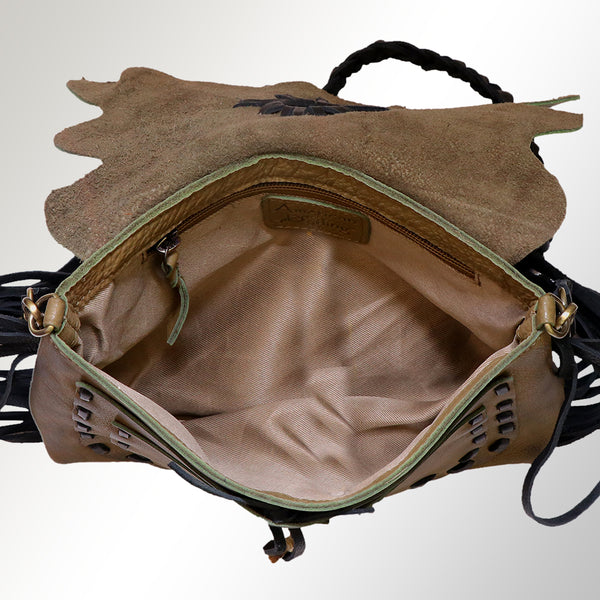 LC-ADBGM254 Raw-Edge Leather Western Crossbody Bag - Fringe Saddle Purse with Horn Toggle & Braided Strap