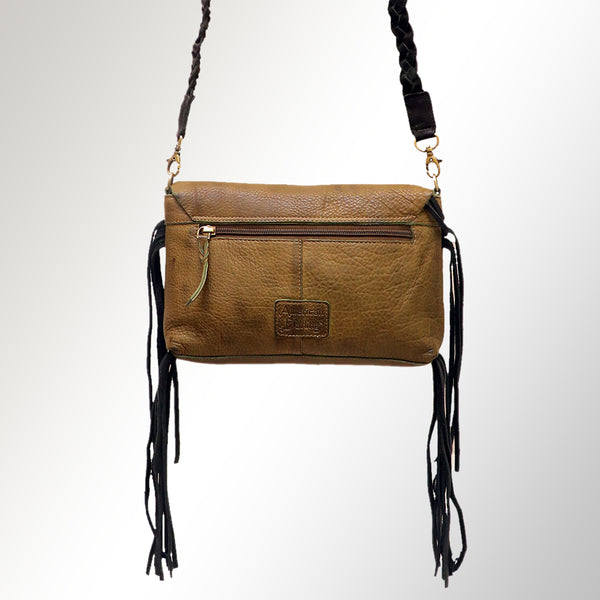LC-ADBGM254 Raw-Edge Leather Western Crossbody Bag - Fringe Saddle Purse with Horn Toggle & Braided Strap