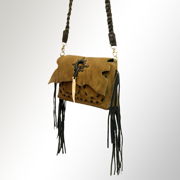 LC-ADBGM254 Raw-Edge Leather Western Crossbody Bag - Fringe Saddle Purse with Horn Toggle & Braided Strap