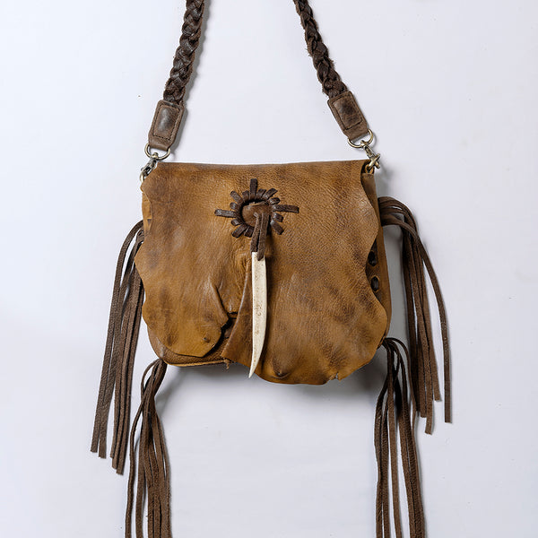ADBGM255 Leather Western Crossbody Bag - Fringe Purse with Horn Toggle & Braided Strap