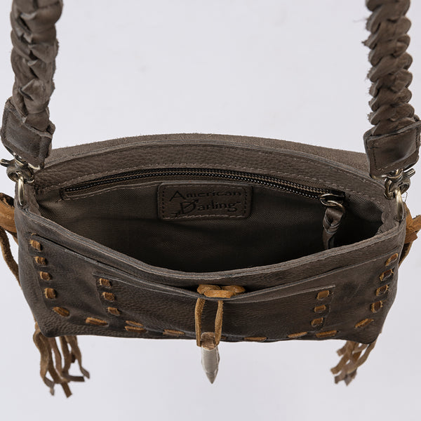 ADBGM255 Leather Western Crossbody Bag - Fringe Purse with Horn Toggle & Braided Strap