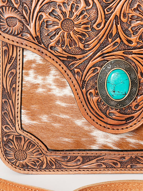 ADBG826 American Darling Western Cross body Bag Hair-On Cowhide with Hand Tooled Floral Carving