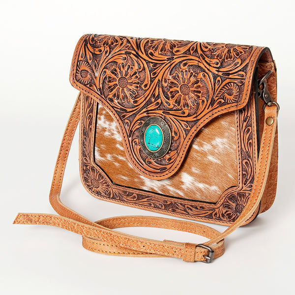 ADBG826 American Darling Western Cross body Bag Hair-On Cowhide with Hand Tooled Floral Carving