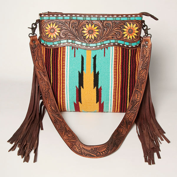 LC-ADBGZ236 Sunflower Tooled Leather & Turquoise Wool Western Fringe Crossbody Bag