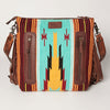 LC-ADBGZ236 Sunflower Tooled Leather & Turquoise Wool Western Fringe Crossbody Bag