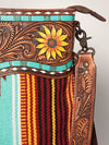 LC-ADBGZ236 Sunflower Tooled Leather & Turquoise Wool Western Fringe Crossbody Bag