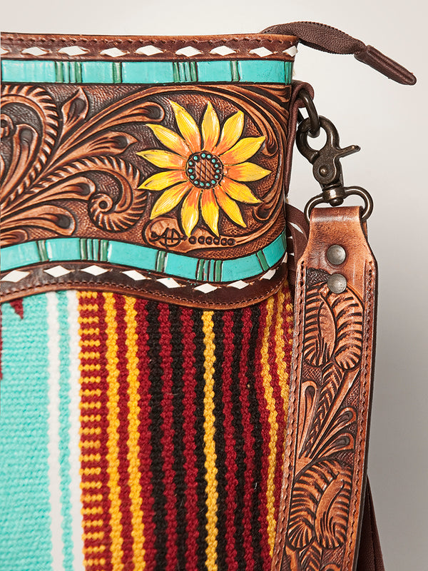 LC-ADBGZ236 Sunflower Tooled Leather & Turquoise Wool Western Fringe Crossbody Bag