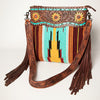 LC-ADBGZ236 Sunflower Tooled Leather & Turquoise Wool Western Fringe Crossbody Bag